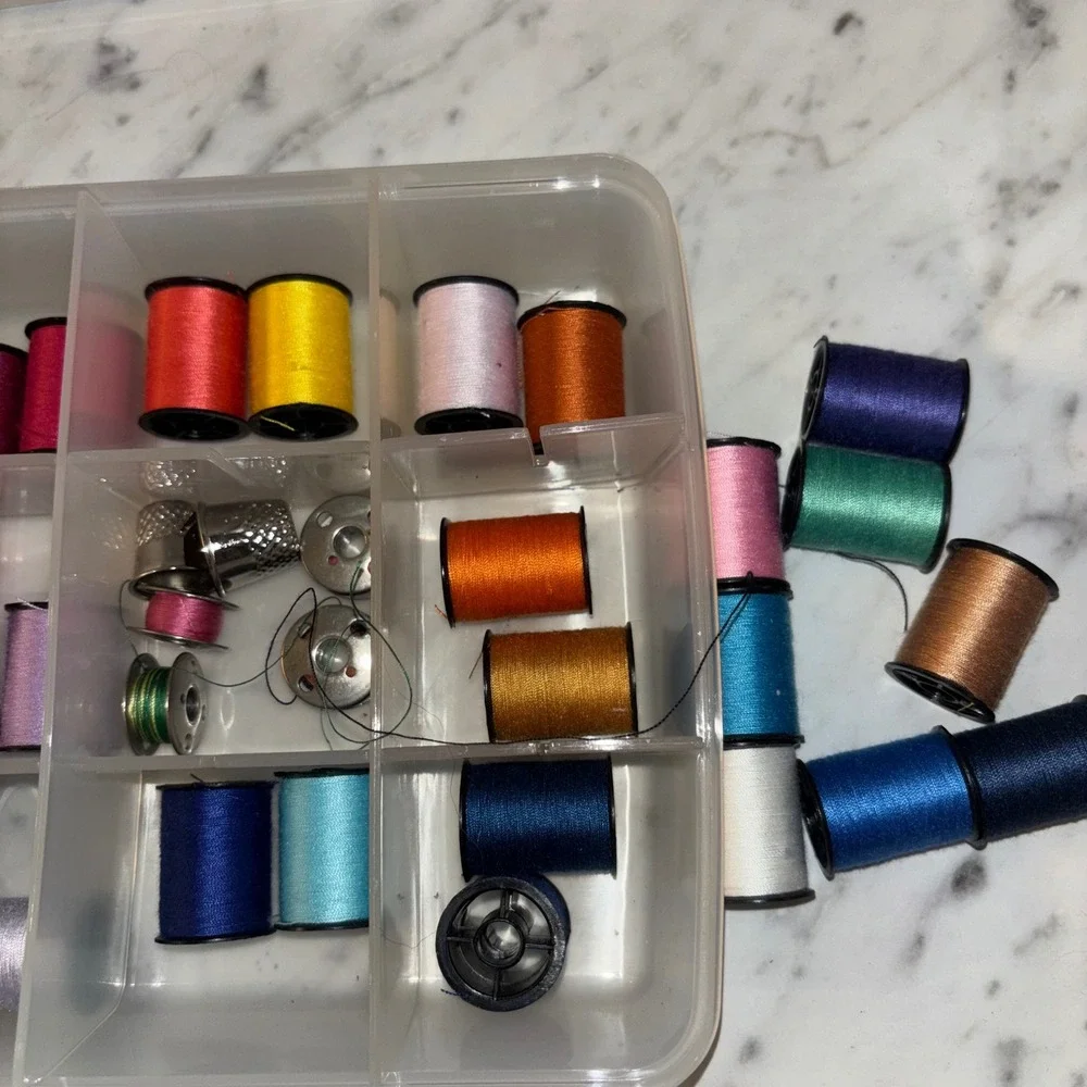 Sewing Kit with Multi-Color Thread Spools Notions and Plastic Organizer Case